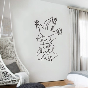 Minimalist dove wall decal with olive branch and this too shall pass cursive text