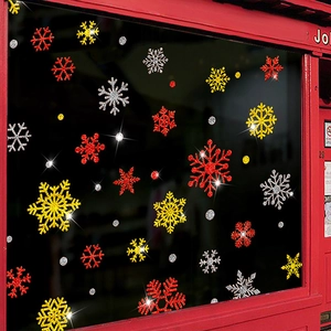 PVC Christmas Snowflake Window Wall Stickers Glitter Red Gold Silver Screen Printed Holiday Glass Decoration Decals