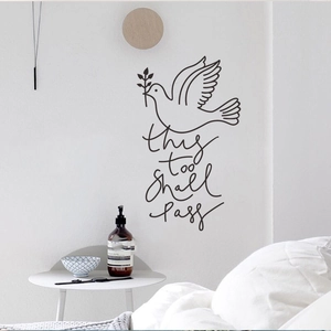 Modern white dove wall sticker with olive branch and this too shall pass script for home decor