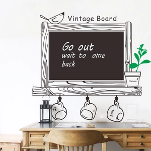 Detail of vintage chalkboard wall decal with bird, plant pots and milk cup designs