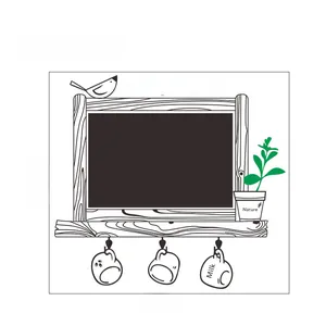 Detail view of vintage chalkboard wall sticker with plants, birds, and decorative cups