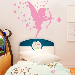 Sticker mural ange Cupidon rose avec étoiles pour décoration de chambre d'enfant
