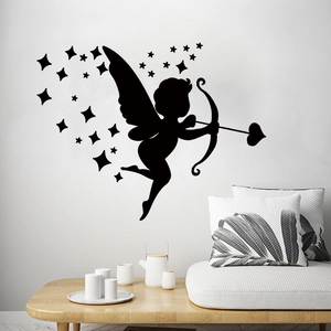 Sticker mural silhouette Cupidon avec flèche de cœur et étoiles pour la Saint-Valentin