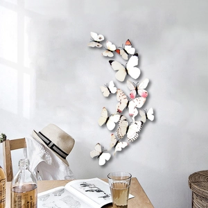 Set of 12 3D white magnetic butterfly wall stickers with realistic black and pink patterns