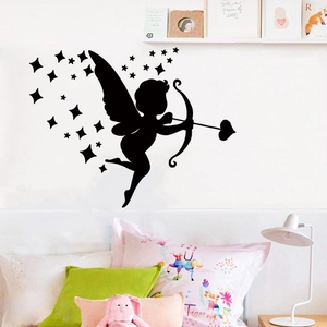 Sticker mural Cupidon noir autocollant avec étoiles pour décoration de chambre romantique