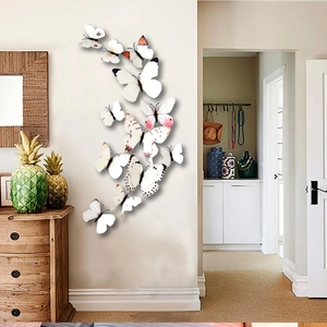 Detailed view of 3D white butterfly wall stickers with foldable wings in S-shaped layout