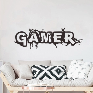 Graffiti style Gamer wall decal for game room background wall above a beige sofa