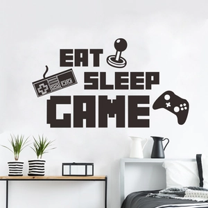 Sticker mural noir Eat Sleep Game avec manettes pour déco de salle de jeux
