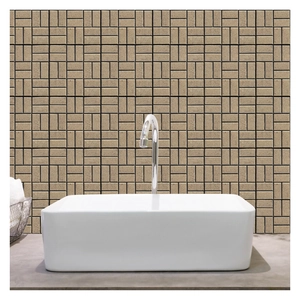 Modern white ceramic rectangular vessel sink with polished silver faucet and tiled wall