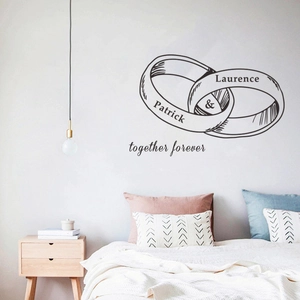 Customized couple ring wall sticker with names and together forever text for bedroom decor