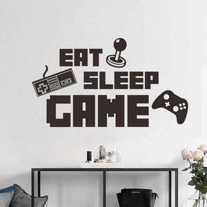 Sticker mural Eat Sleep Game avec silhouettes de manettes rétro et modernes en noir