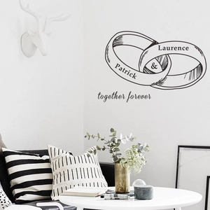 Customized couple ring wall sticker with names and together forever quote for bedroom