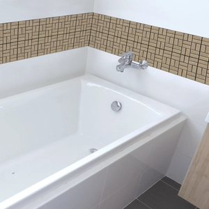 Detail of wood grain mosaic tile stickers used as a decorative border in a bathroom