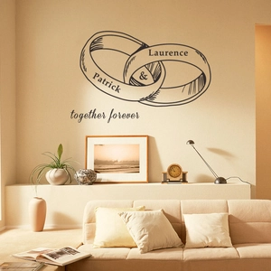 Detail of custom wedding ring wall decal with names and together forever quote