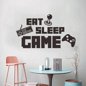 Détail de l'autocollant mural Eat Sleep Game avec manettes rétro pour décoration intérieure
