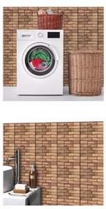 Detail of vintage wood grain wall stickers applied in laundry and bathroom scenes