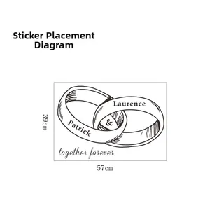 Couple wedding wall decal with interlocked rings and custom names size 57cm by 39cm