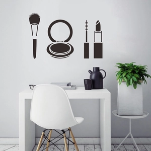 Minimalist vinyl wall decals showing makeup tools silhouettes on a modern gray wall