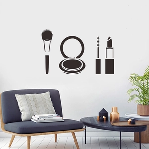 Cosmetic silhouette wall decals featuring makeup brushes and lipstick for salon decor