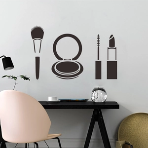 Cosmetic silhouette wall decals featuring makeup brushes and lipstick for beauty studio decor