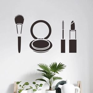 Minimalist makeup tool silhouette wall decals featuring brush and lipstick for room decor