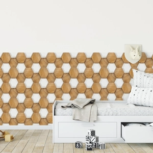 Detail of 3D hexagonal wall tiles with wood grain and white texture in kids room