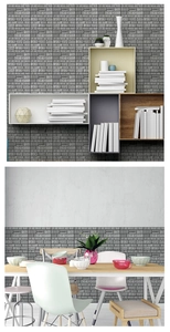3D gray brick wall stickers showing textured surface in living room and dining area deco