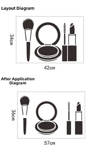 Cosmetic wall sticker layout guide showing 34x42cm sheet and 36x57cm display size
