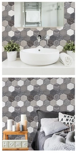 Detail view of hexagonal gray tile stickers in bathroom and bedroom interior settings