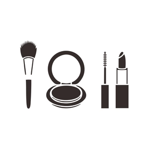 Flat vector icons set of makeup brush, powder compact, mascara, and lipstick stickers