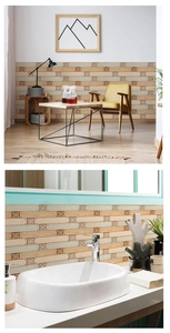 Detail of vintage wood grain wall stickers with floral patterns in living room and bathroom