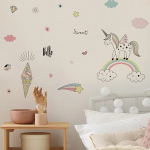 Cartoon rainbow unicorn wall decals with stars and clouds for nursery bedroom decor