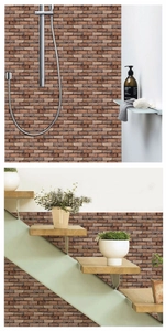 Detail showing 3D vintage red brick wall stickers used in bathroom and staircase scenes