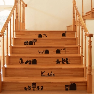 Cartoon mouse family wall stickers with black silhouette rodents for staircase decoration