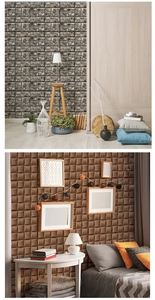 Detail of 3D self-adhesive wall panels showing grey stone texture and brown square 3D design