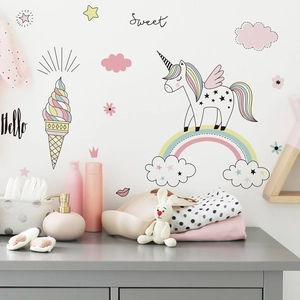 Cartoon Rainbow Unicorn Wall Stickers For Kids Bedroom Hand-Drawn PVC Macaron Dreamy Decorative Wall Decals For Kindergarten