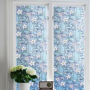 Frosted Static Cling Window Film Blue Flower Geometric Mosaic Privacy Glass Sticker For Home Bathroom Bedroom Decoration