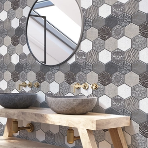 Modern hexagonal peel and stick brick tile decals with marble texture and geometric patterns