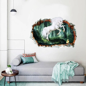 3D hole forest unicorn wall sticker with vivid fantasy animals for modern living room decor