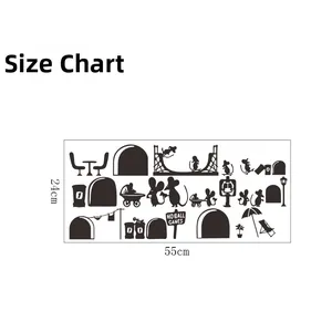 Size chart showing cartoon mouse family wall stickers dimensions 55cm x 24cm in black silhouette