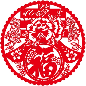 Traditional red Chinese New Year window sticker featuring Chun and Fu character design
