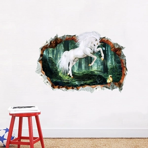 3D hole wall sticker featuring a white unicorn in forest for creative home decoration