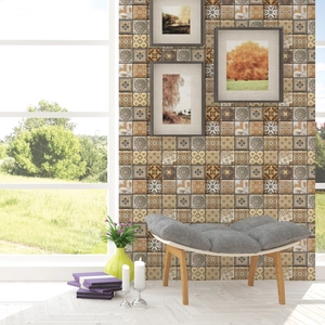 Vintage brick pattern wall stickers with geometric designs for kitchen and living room decor