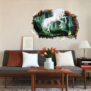 3D forest unicorn wall sticker with broken wall design shown in a cozy living room scene