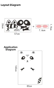 DIY Waschbär-Cartoon-Wandaufkleber Layout-Diagramm und Endergebnis auf weißem Grund