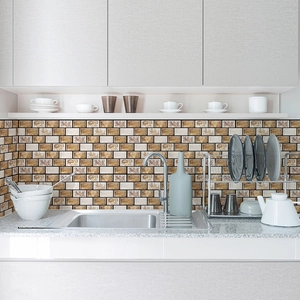 Self-adhesive mosaic brick wall tiles in brown and beige tones for kitchen decor