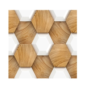 Modern 3D hexagonal wall stickers with mixed natural wood grain and smooth white 3D panels