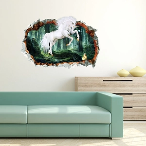 3D hole wall sticker featuring a white unicorn jumping out of a lush green forest scene