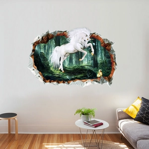 3D hole wall sticker with white unicorn and forest design for home decor