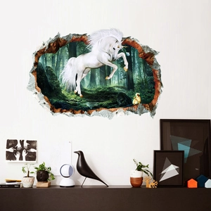 3D hole effect wall sticker showing a white unicorn leaping from a mystic green forest